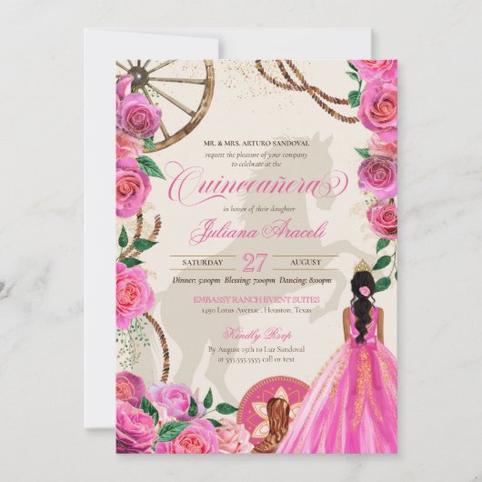 Elegant Charro Roze Westerne Ranch Quinceanera Kaart (Voorkant)