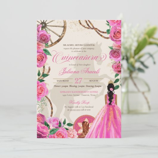 Elegant Charro Roze Westerne Ranch Quinceanera Kaart (Staand voorkant)