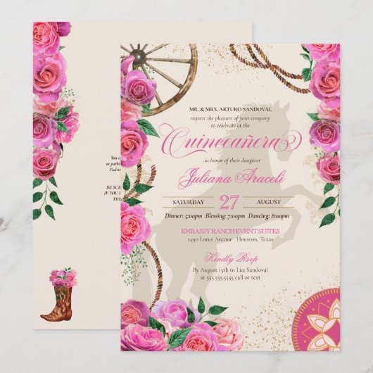 Elegant Charro Roze Westerne Ranch Quinceanera Kaart (Voorkant / Achterkant)