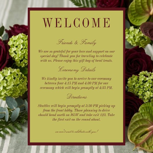 Elegant Chartreuse Burgundy Wedding Welcome Programmakaart