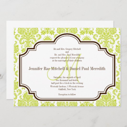 Elegant Chartreuse Damask Wedding Invitations Kaart (Voorkant / Achterkant)