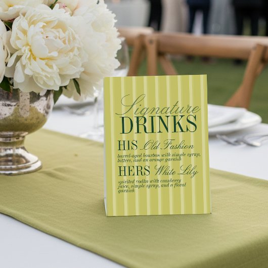 Elegant Chartreuse Stripe Signature Drinks Wedding Reclamebord Met Voetstuk
