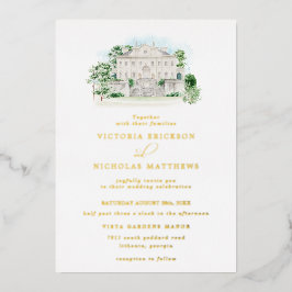 Elegant Chateau | Waterverf Landhuis Bruiloft Folie Uitnodiging