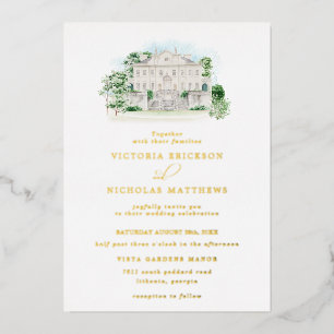 Elegant Chateau   Waterverf Landhuis Bruiloft  Folie Uitnodiging