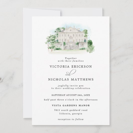 Elegant Chateau | Waterverf Manor Wedding Kaart (Voorkant)