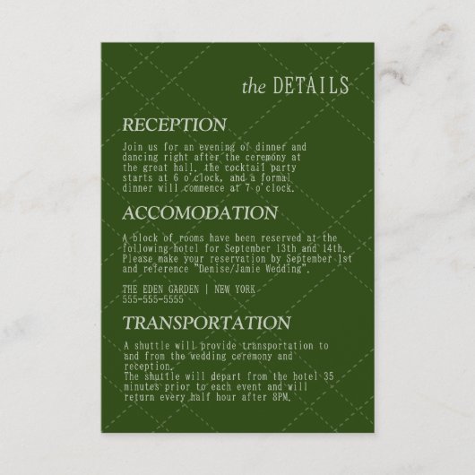 Elegant checkt Tuin Groen Trouwdetail Informatiekaartje (Voorkant)