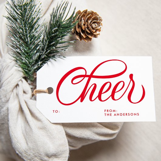 Elegant Cheer Red Script Kerstvakantie Cadeaulabel
