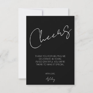 Elegant Cheers Black and White Forty 40th Birthday Bedankkaart