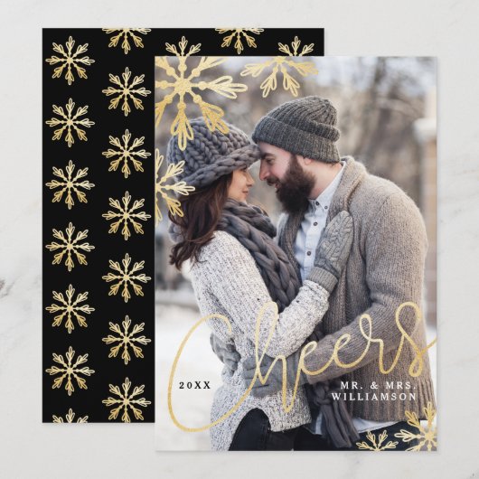 Elegant Cheers Gold Snowflake Passen getrouwd Foto Feestdagenkaart (Voorkant / Achterkant)
