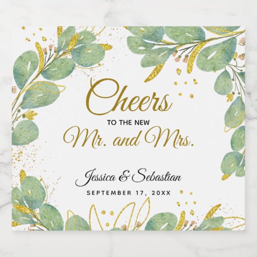 Elegant Cheers Mr en Mrs Eucalyptus Wedding Sparkling Wijnetiket (Enkel label)