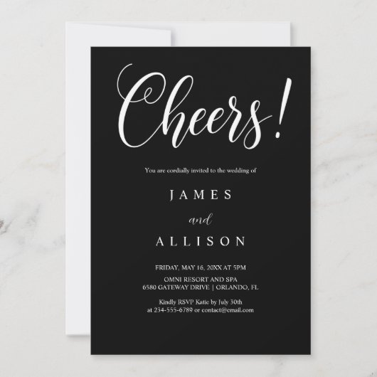 Elegant Cheers Script Black Wedding Invitation Kaart (Voorkant)