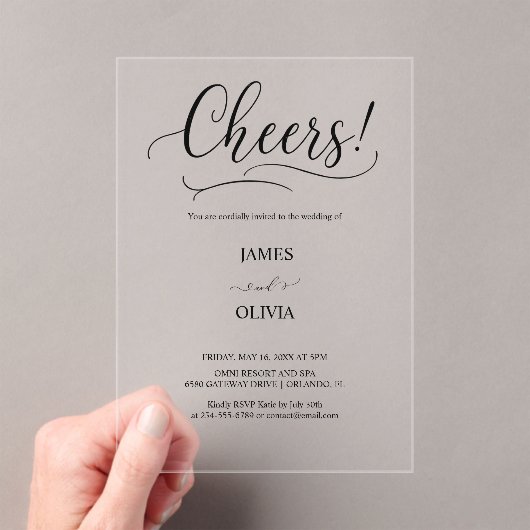 Elegant Cheers Script Clear Acryl Wedding Acryl Uitnodigingen (Insitu (Draagbaar))