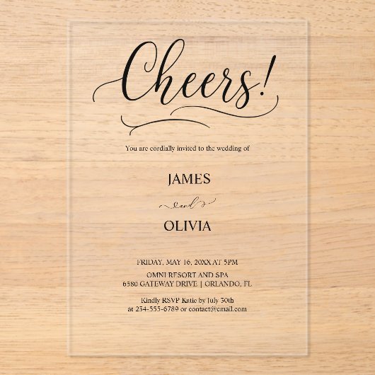Elegant Cheers Script Clear Acryl Wedding Uitnodigingen (Voorkant)