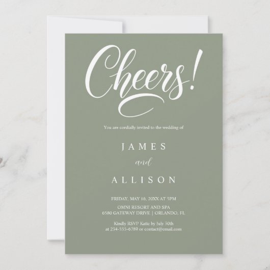 Elegant Cheers Script Sage Green Wedding  Kaart (Voorkant)