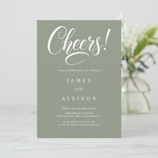 Elegant Cheers Script Sage Green Wedding Kaart (Staand voorkant)