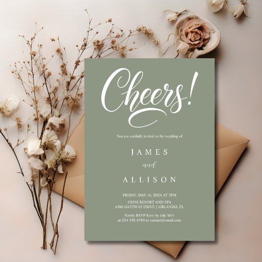 Elegant Cheers Script Sage Green Wedding Kaart