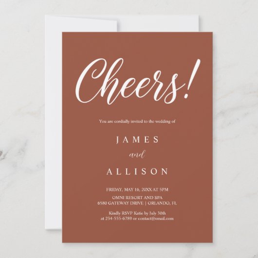 Elegant Cheers Script Terracotta Wedding  Kaart (Voorkant)