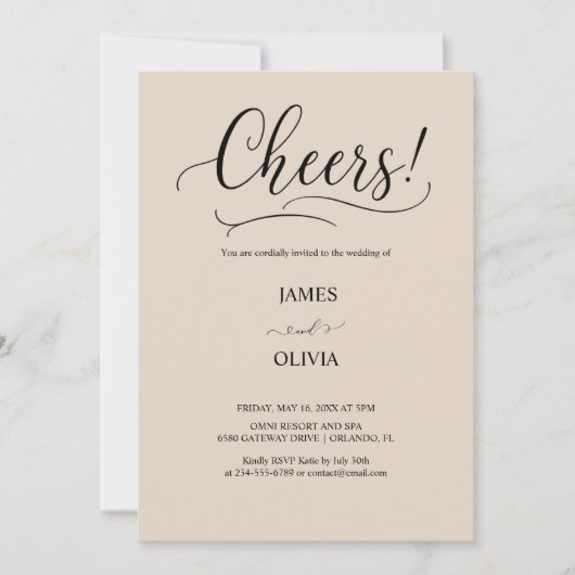 Elegant Cheers! Warm Beige Modern Script Wedding  Kaart (Voorkant)