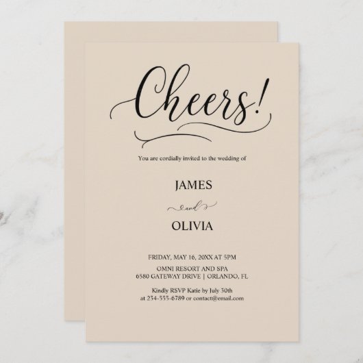 Elegant Cheers! Warm Beige Modern Script Wedding Kaart (Voorkant / Achterkant)