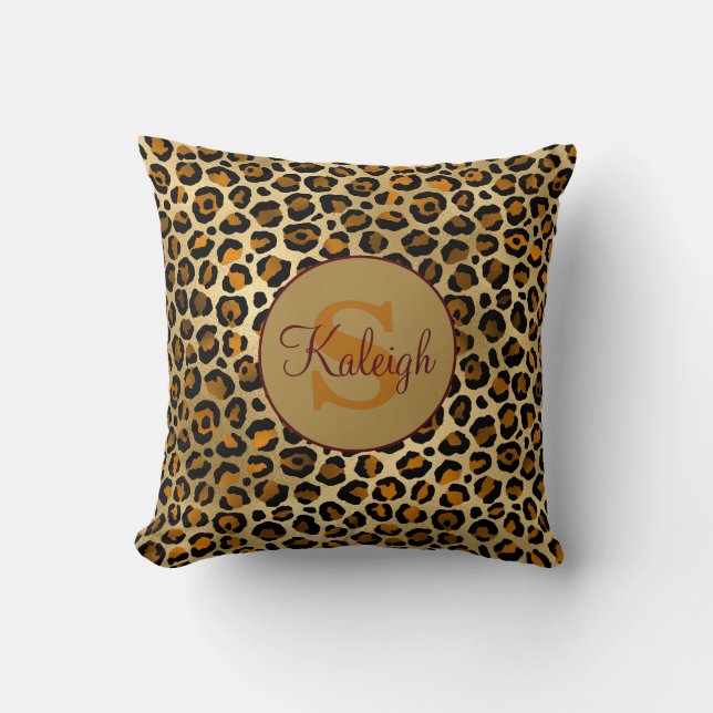 Elegant Cheetah/Leopard Print Monogram naam Kussen (Voorkant)