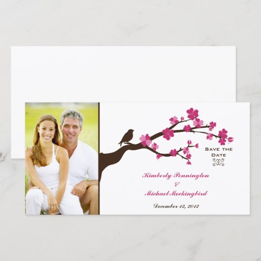 Elegant cherry blossom bird save the date foto (Voorkant / Achterkant)