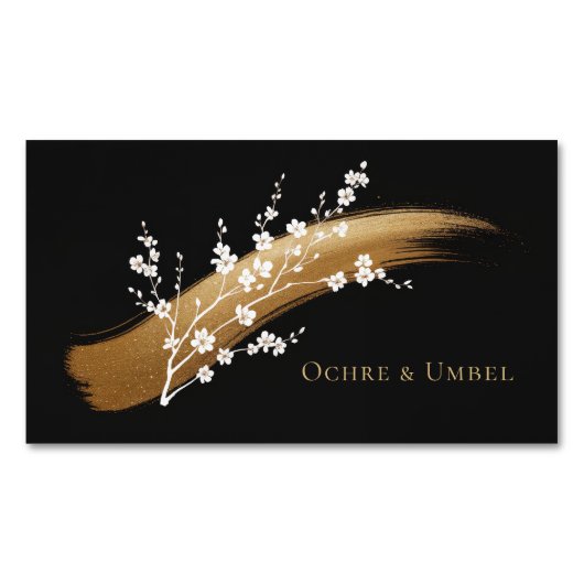 Elegant Cherry Blossom Gold Brushstroke Black Magnetisch Visitekaartje (Voorkant)