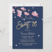 Elegant Cherry Blossom Pink Floral Navy Sweet 16 Kaart (Voorkant)