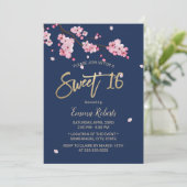 Elegant Cherry Blossom Pink Floral Navy Sweet 16 Kaart (Staand voorkant)