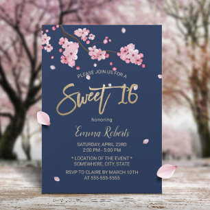 Elegant Cherry Blossom Pink Floral Navy Sweet 16 Kaart