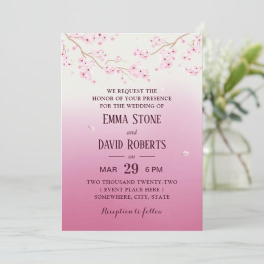 Elegant Cherry Blossom Pink ombre Floral Wedding Kaart (Staand voorkant)