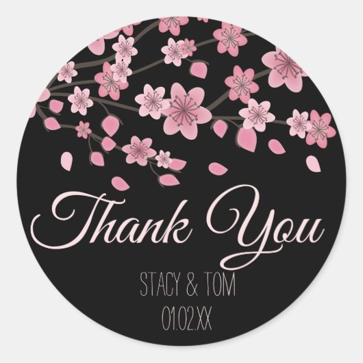 Elegant Cherry Blossom Tree Petals Black Wedding Ronde Sticker (Voorkant)