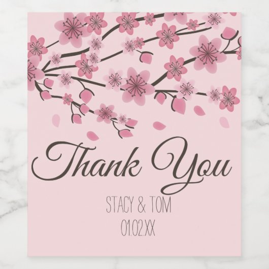 Elegant Cherry Blossom Tree Petals Pink Wedding Wijn Etiket (Enkel label)