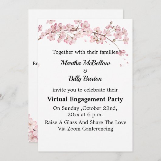 Elegant Cherry Blossom Virtual Engagement Party Kaart (Voorkant / Achterkant)