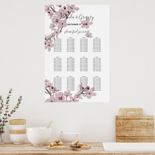 Elegant Cherry Blossom Wedding Seding Chart Poster (Keuken)