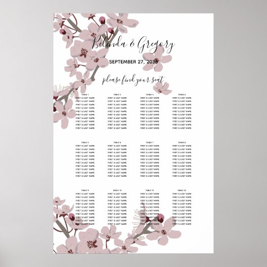 Elegant Cherry Blossom Wedding Seding Chart Poster (Voorkant)