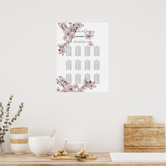 Elegant Cherry Blossom Wedding Seding Chart Poster (Keuken)