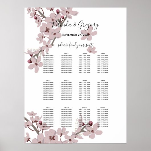 Elegant Cherry Blossom Wedding Seding Chart Poster (Voorkant)