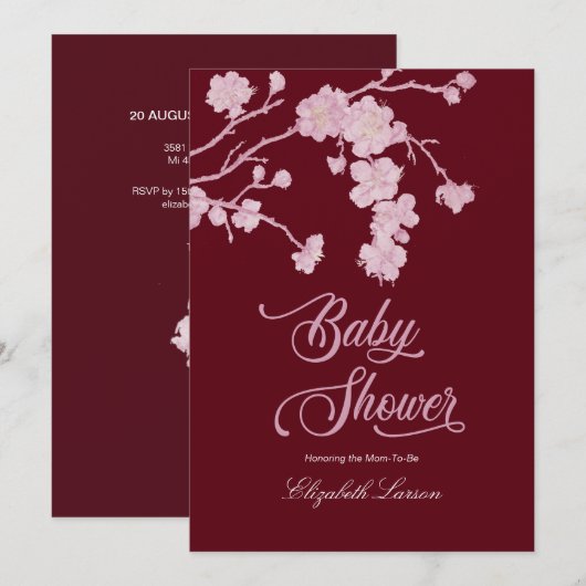 Elegant Cherry Blossoms Baby shower Bourgogne Kaart (Voorkant / Achterkant)