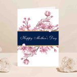 Elegant Cherry Blossoms Mother's Day Kaart<br><div class="desc">Make her feel truly special this year with a card as beautiful as she is. This eye-catching Mother's Day card features lush, hand-drawn botanical cherry blossoms framing a navy blue and faux gold foil banner with elegant script font "Happy Mother's Day" wording. Easily customize the message inside and even add...</div>
