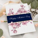 Elegant Cherry Blossoms Mother's Day Real Folie Wenskaart<br><div class="desc">Make her feel truly special this year with a card as beautiful as she is. This eye-catching Mother's Day card features lush, hand-drawn botanical cherry blossoms framing a navy blue and real gold foil pressed banner with elegant script font "Happy Mother's Day" wording. Easily customize the message inside and even...</div>