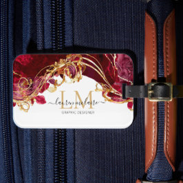 Elegant Cherry Red & Gold Monogram Script Bagagelabel