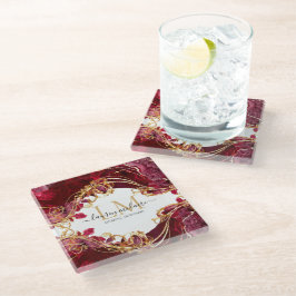 Elegant Cherry Red & Gold Monogram Script Glazen Onderzetter