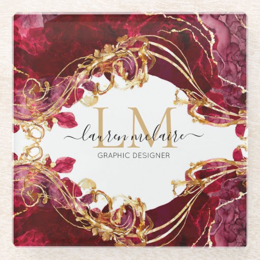 Elegant Cherry Red & Gold Monogram Script Glazen Onderzetter (Voorkant)