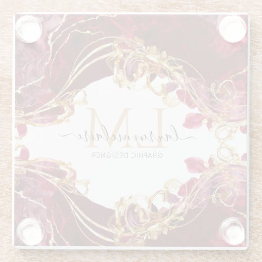 Elegant Cherry Red & Gold Monogram Script Glazen Onderzetter (Achterkant)