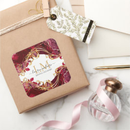 Elegant Cherry Red & Gold Monogram Script Vierkante Sticker