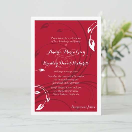 Elegant Cherry Red White Abstract Floral Wedding Kaart (Staand voorkant)