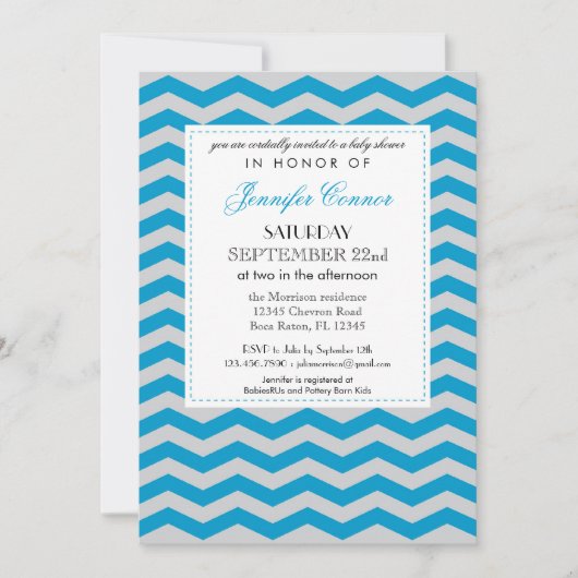 Elegant Chevron Baby shower Blue Invitation Kaart (Voorkant)