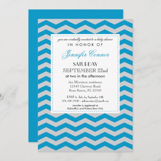 Elegant Chevron Baby shower Blue Invitation Kaart (Voorkant / Achterkant)
