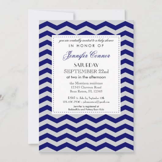Elegant Chevron Baby shower Navy Blue Invitation Kaart (Voorkant)