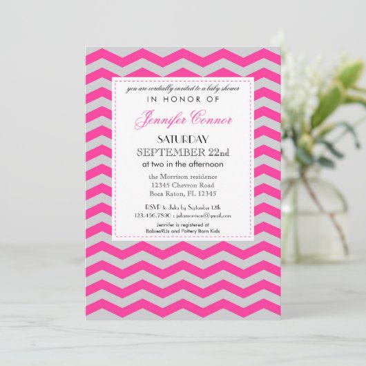 Elegant Chevron Baby shower Roze Uitnodiging (Staand voorkant)